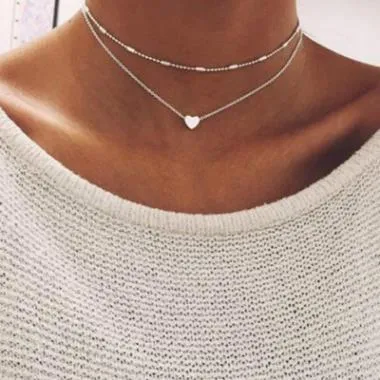 Femmes coeur pendentif collier multicouche clavicule amour coeur réglable collier multicouche chaîne collier ras du cou pour les femmes