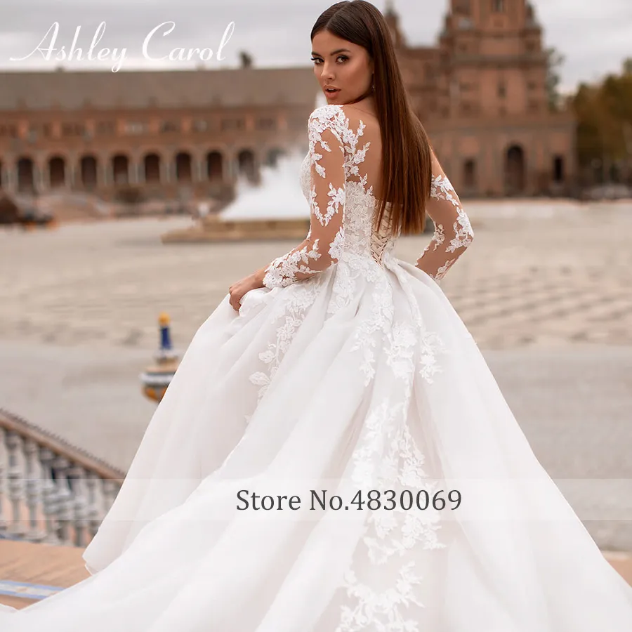 Ashley Carol Langarm-Hochzeitskleid 2020 Illusion U-Ausschnitt Applikationen Schnürung A-Linie Brautkleider Vestido De Noiva De Princesa