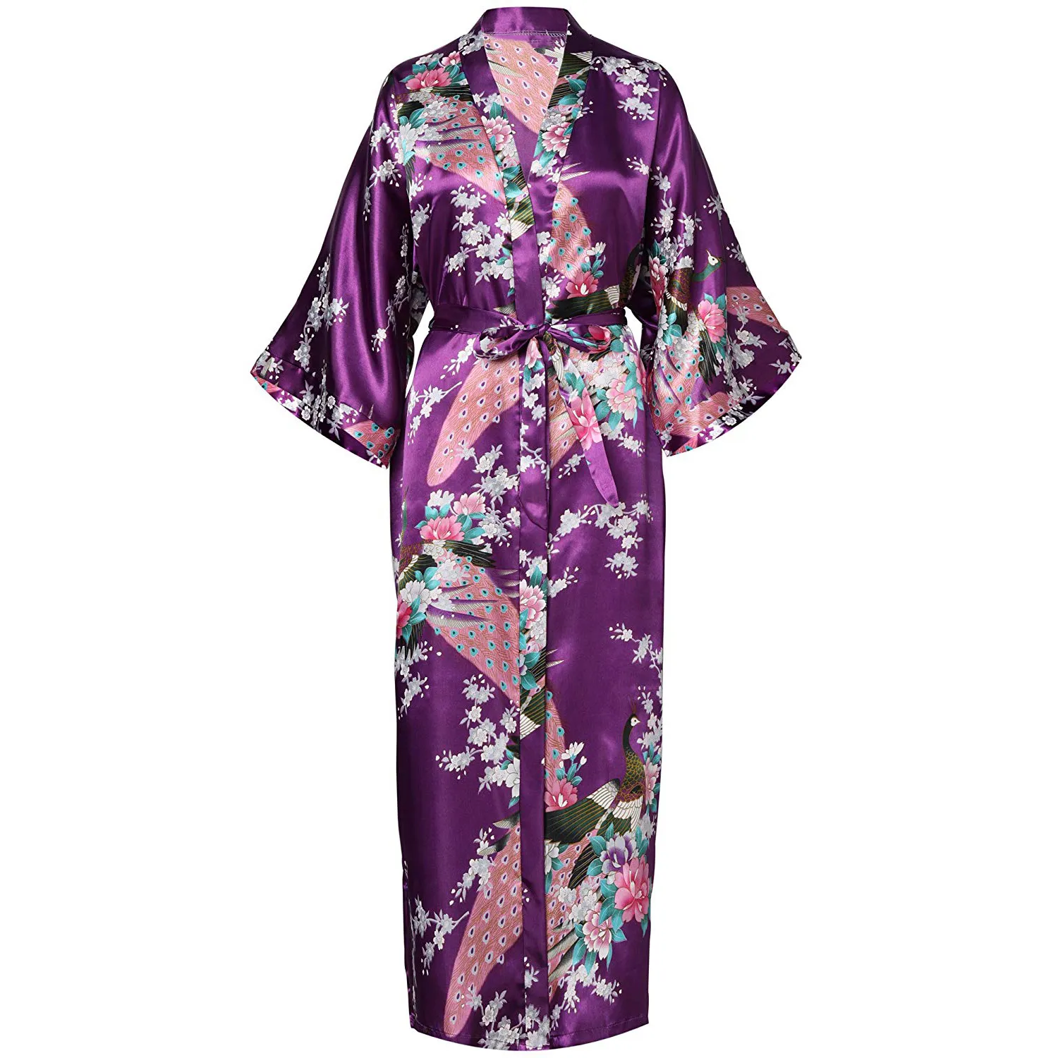 Grå kvinnor lång tryckt mantel floralpeacock brud brudtärna klä klänning rayon sömnkläder fritid kimono badrock bröllop gåva y23243