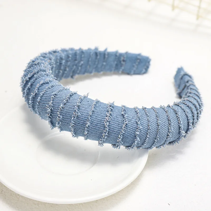 Mode Effen Blauwe Denim Gevoerde Hoofdband voor Dames Nieuwe Stijl Metalen Ketting Haarbanden Meisjes Brede Haarring Haaraccessoires Statement9592442