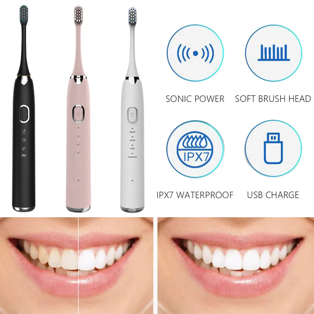 Cepillo de dientes eléctrico sónico, 4 modos, alimentado por USB, resistente al agua, para viajes, automático, para adultos, etc.