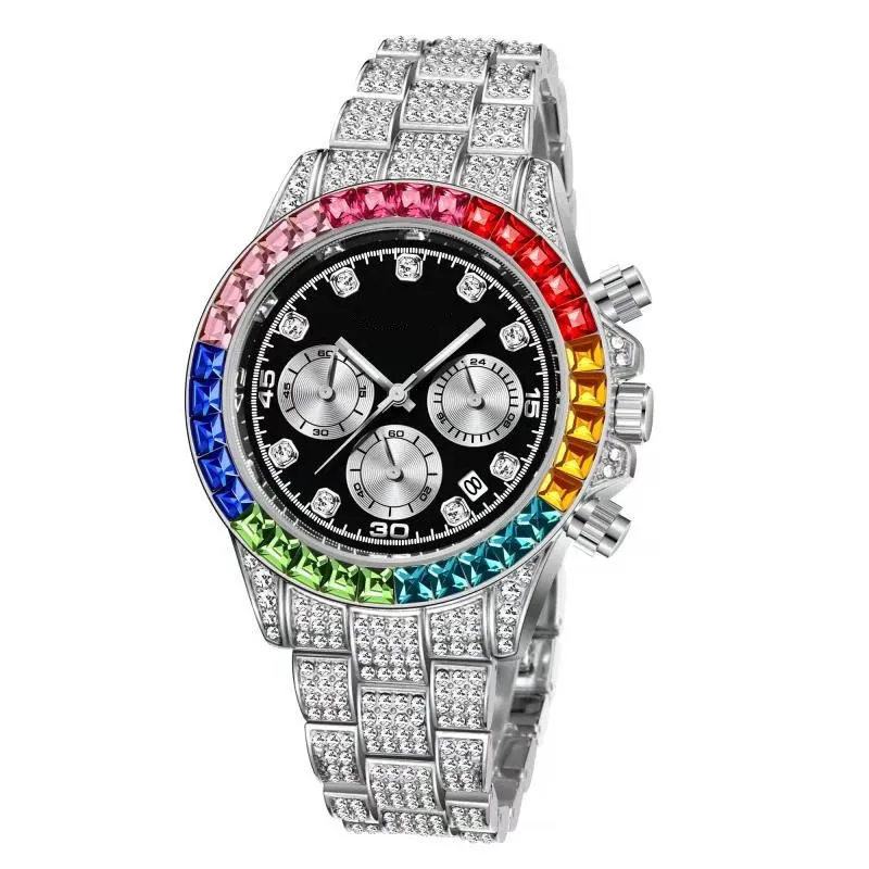 Designer de moda de luxo impressionante colorido cheio de strass diamante calendário data quartzo bateria relógios para homens mulheres multi functi234N