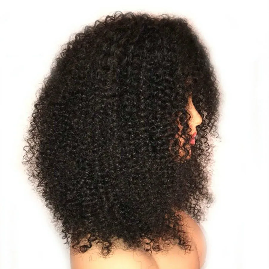 Afro perwersyjne kręcone ludzkie włosy peruka z grzywką 150% gęstości mongolski Remy Human Hair Full Lace Front Wigs 13x6 Darmowa głęboka część czarna