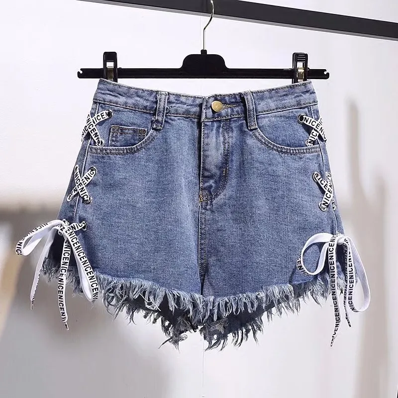 E-Baihui 2022 New Style Plus Size shorts Jeans, Raw Edge Straps High Waist Denim Shorts, Women's Summer Loose Thin Wide-leg Pants 949