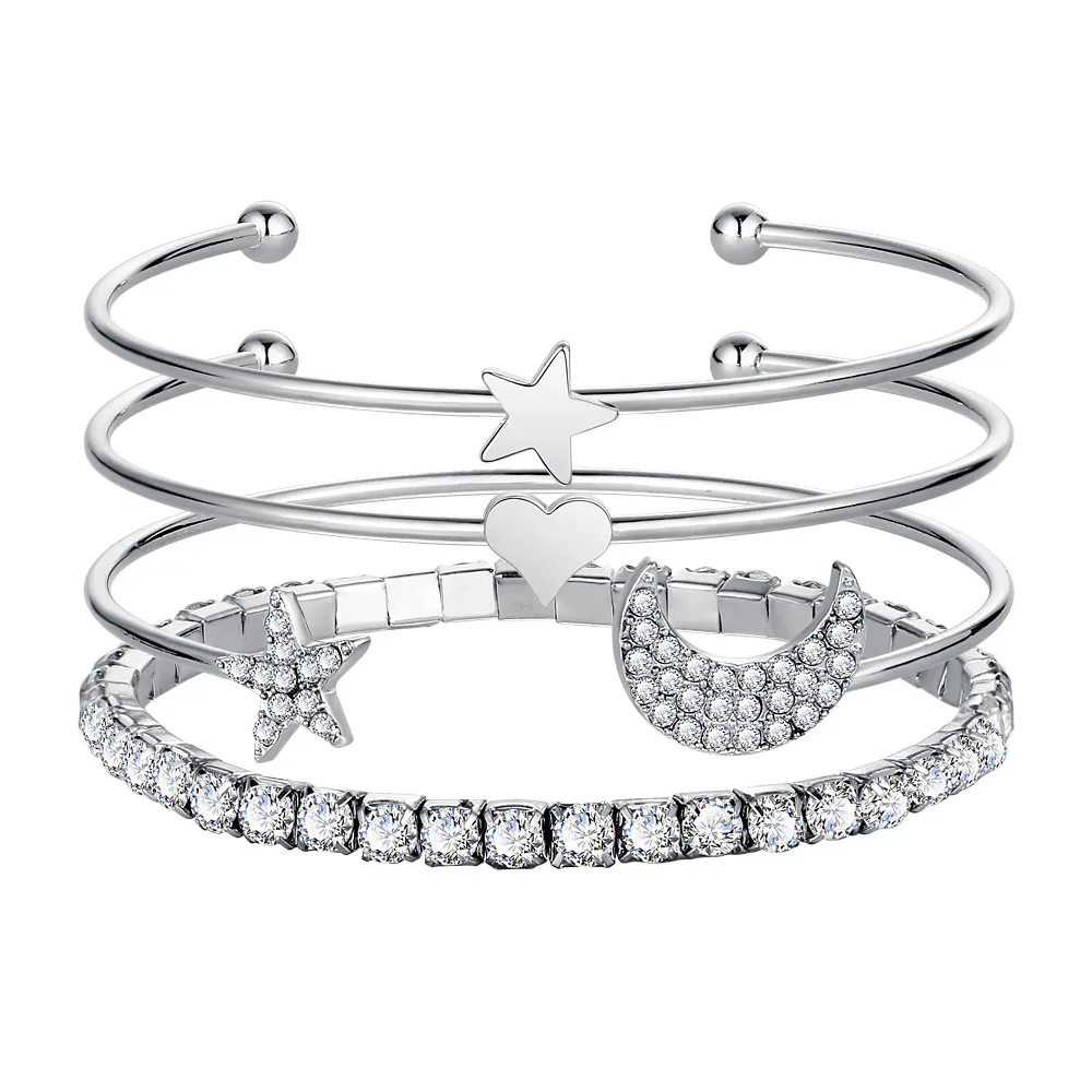 Bracciale da donna stile bohémien Bracciale rigido con catena aperta con stella luna e cristallo di diamanti Bracciale rigido 4 pezzi
