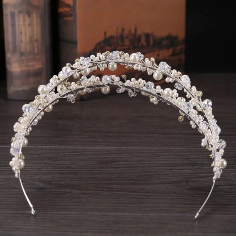 Opaska na głowę Tiara Bridal Crown ręcznie robione Pearl podwójna warstwowa nakrycia ślubne 8781444