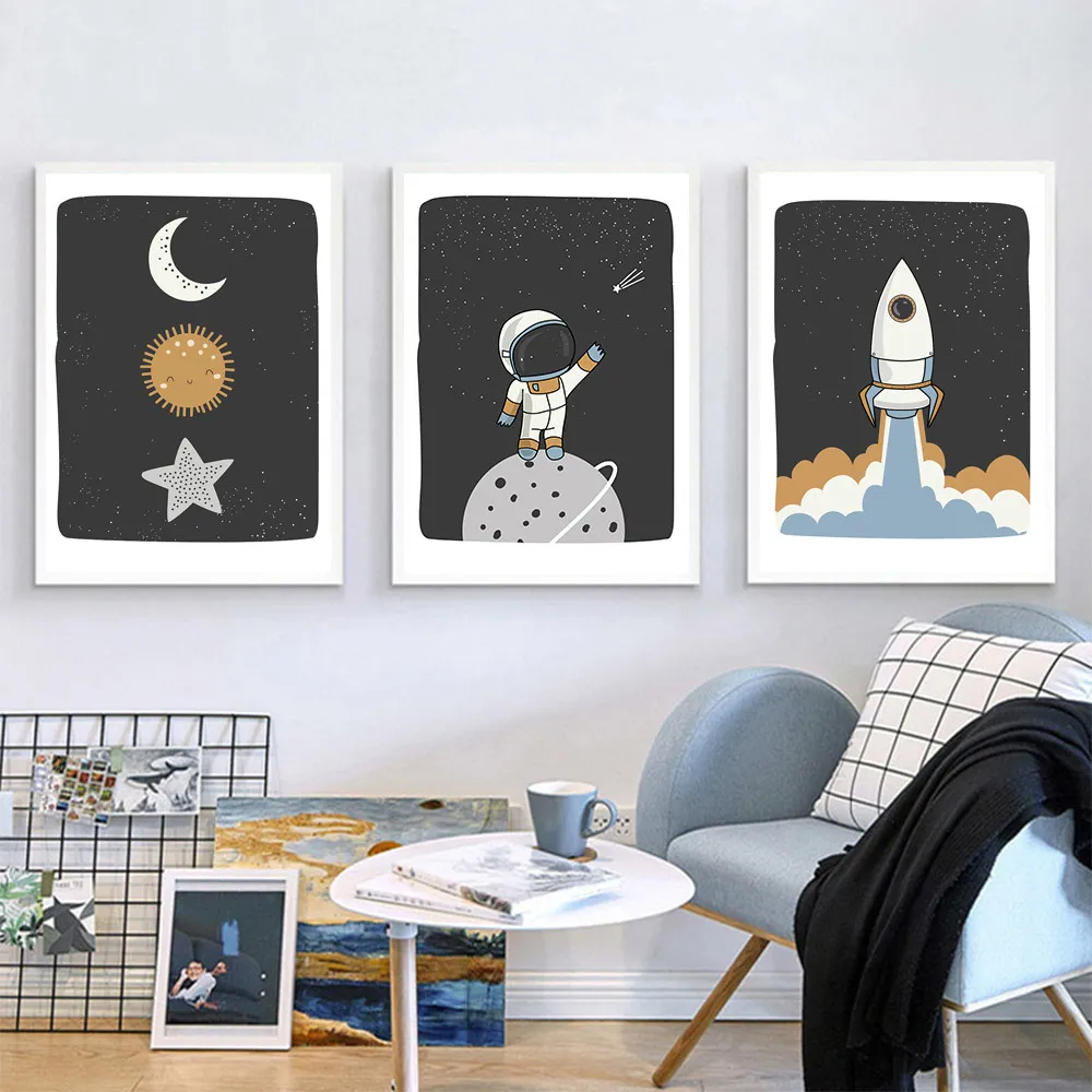 Affiche d'astronaute de l'espace, impression d'art mural pour chambre de bébé, planète fusée, peintures murales, soleil, lune, image murale nordique, décoration de chambre d'enfant pour garçon 5352205