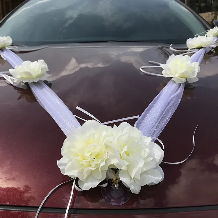 ウェディングカーの装飾用の白いバラ人工花ブライダルカー装飾ドアハンドルリボンシルクフラワーC09246267116