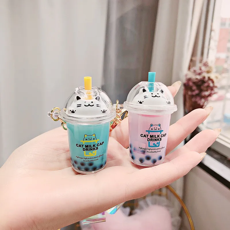 Keychains Cartoon Cute Cat Car Keychain Creative Milk Tea Cup Liquid Crystal Quicksand Sequin Key Ring Bag Pendant 20201097228