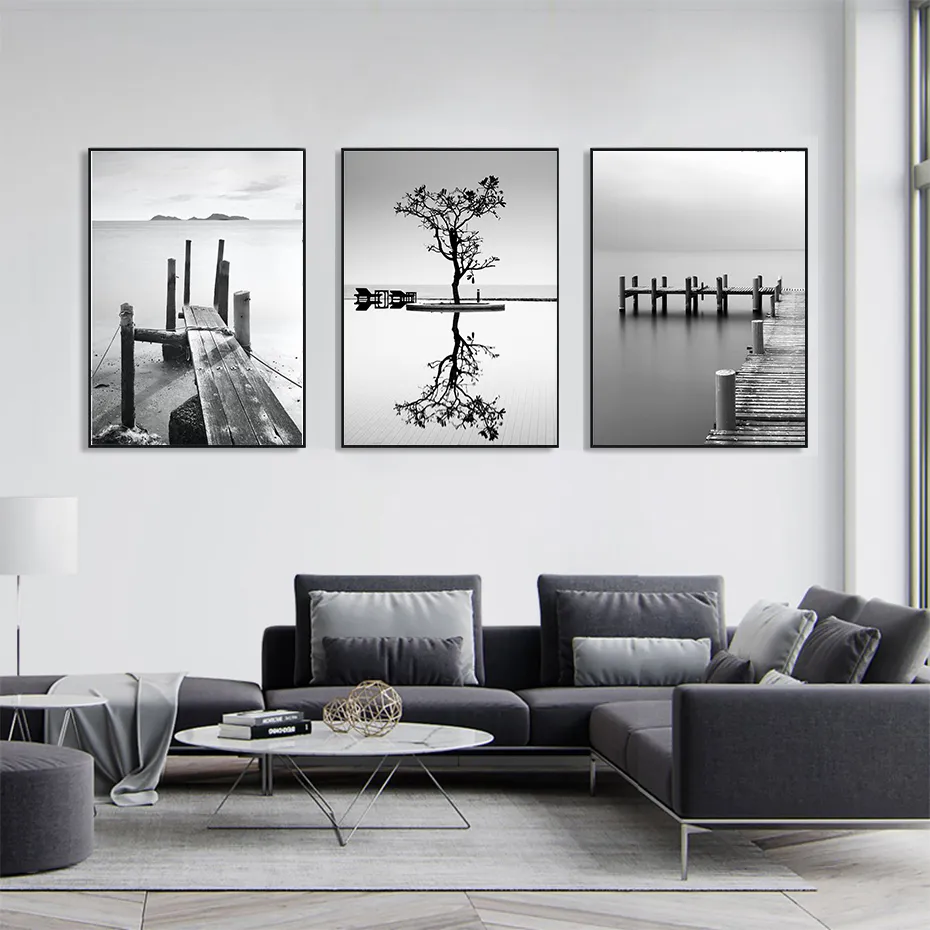 Peinture d'art de paysage minimaliste en noir et blanc, imprimés sur toile, affiches murales de bateau de pont pour salon, décoration de maison moderne 6463766