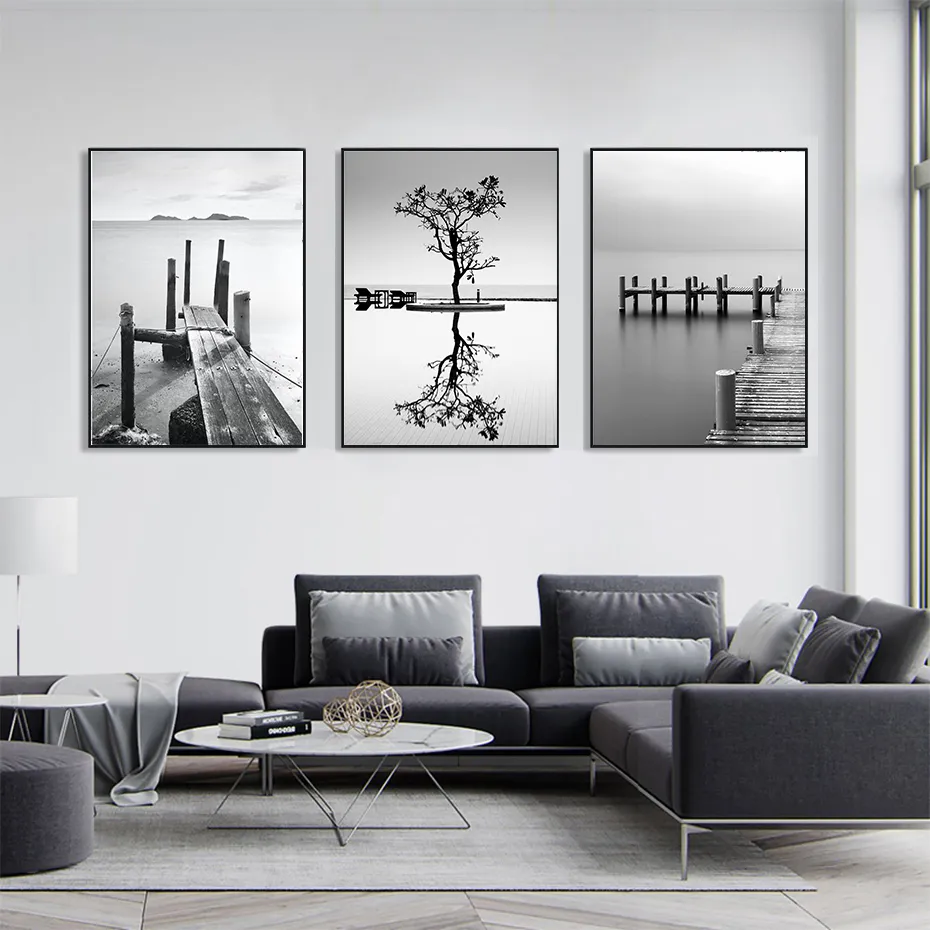 Preto branco minimalista paisagem arte pintura em tela impressões ponte barco cartazes parede para sala de estar moderna casa decor6463766