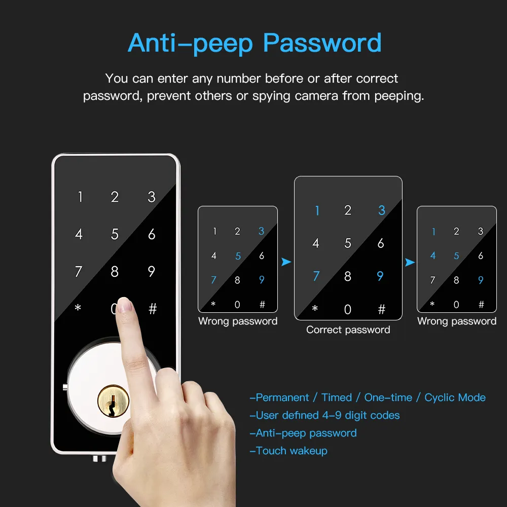 Pêne dormant d'entrée intelligent sans clé, porte électronique numérique Bluetooth avec clavier, verrouillage automatique de l'écran tactile de la maison Y2004072012380