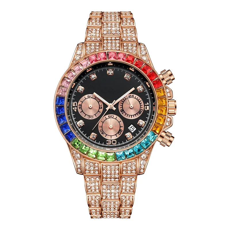 Créateur de luxe de mode superbe coloré plein strass diamant calendrier date quartz batterie montres pour hommes femmes multi functi2378