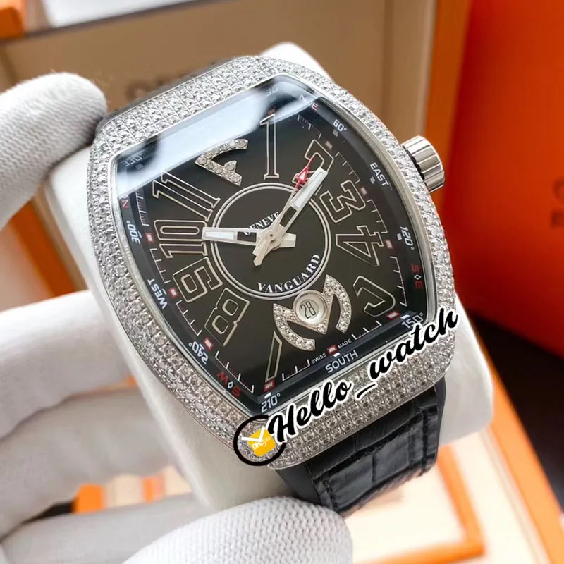 Nouveau Vanguard Crazy Hours V45 Montre automatique pour homme Lunette en diamant Cadran noir Marqueurs numériques 3D Boîtier en acier Montres en caoutchouc en cuir Hel269p