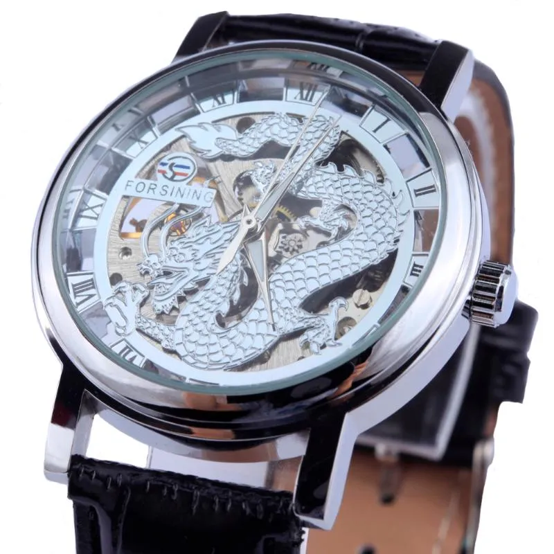 Мужские механические часы Forsining Dragon, корпус из черного золота, кожаный ремешок, полые часы, топ со скелетом, relogio masculino302x