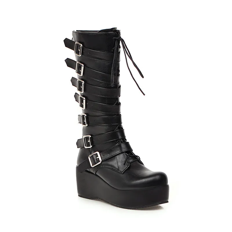 YMECHIC hiver gothique Punk femmes plate-forme bottes noir boucle sangle à lacets Creeper chaussures à semelles compensées mi-mollet bottes de Combat militaires