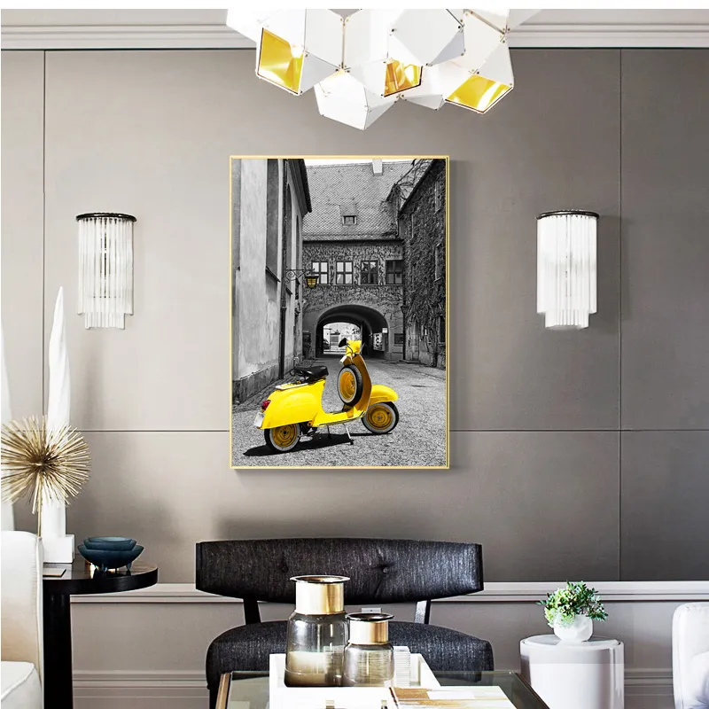 Nordic Style Black White Posters and Prints Yellow Motorcycle Balloon Umbrella Canvas Art Painting Wall Picture for Living Room9305793