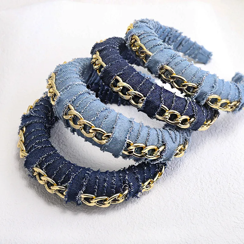 Fashion Solid Blue Denim Padded Headband for Women New Style Metal Chain Hairbands Girls Wide Hair Hoop Hair Accessories Statement294C