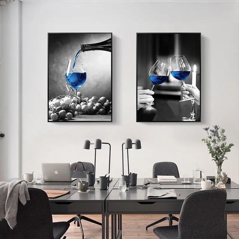 Verre à vin bleu toile Art imprime affiche moderne mur photo Bar Restaurant cuisine décoration murale salle à manger salon Decor6357118