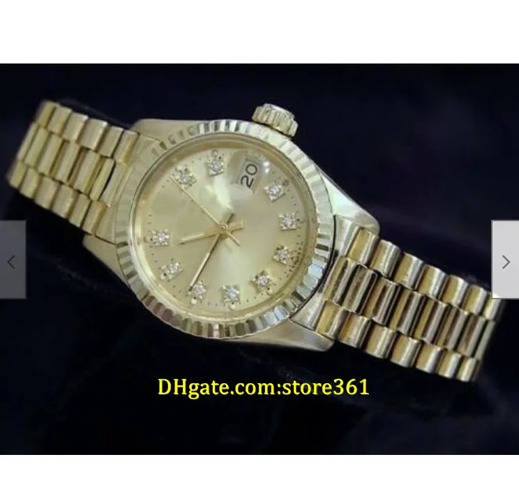 20 stijl vrijetijdskleding mechanisch automatisch 26 mm dames 18K geel goud president horloge wit MOP diamant Rubies251A