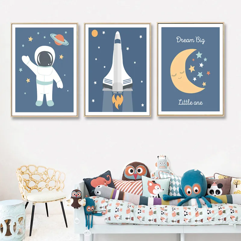 Astronot uzay teması kreş çocuk roket posterler ve baskılar duvar sanatı tuval boyama resim nordic kid039s erkek oda dekor ar3672161