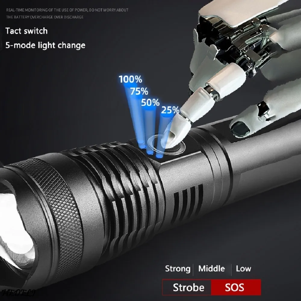 Wysokie lumens 502 Najsilniejsza LED latarka USB Zoom Zoom Tactical Torch 50 18650 lub 26650 Ręka akumulatorowa Lampka Y20047547583