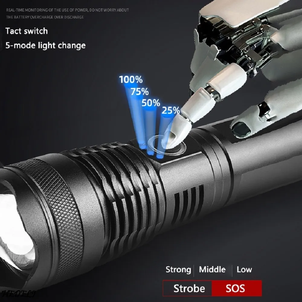 Wysokie lumens 502 Najsilniejsza LED Lisja USB Zoom Zoom Tactical Torch 50 18650 lub 26650 Naładowanie akumulatorów