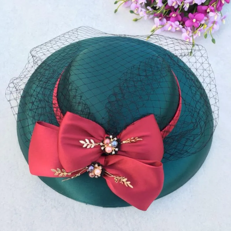 Large Wide Brim Women Winter Hat 2023 Green Fedora Hats Veil Felt Cap Ladies Bow Cloche Caps Wedding Female M157309c