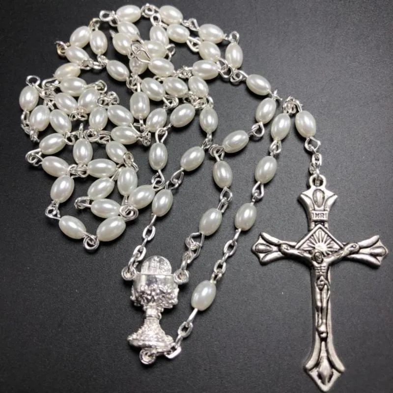 Hangende kettingen 10stcs Set White 6 4m mm glazen peer rozenkrans ovale kraal katholieke rosario schattige parels ketting chalice chalice center300h