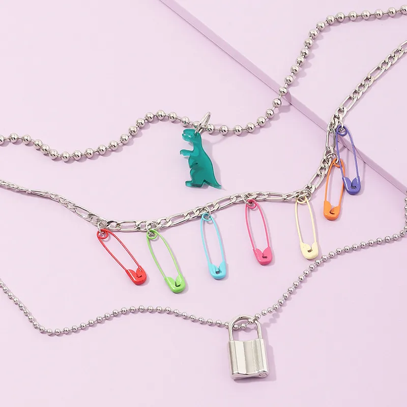Neue Mode Persönlichkeit Colorflu Pin Halskette Schlüsselbein Kette Mehrschichtige Frauen Runde Perle Lock Anhänger Halskette 7229130