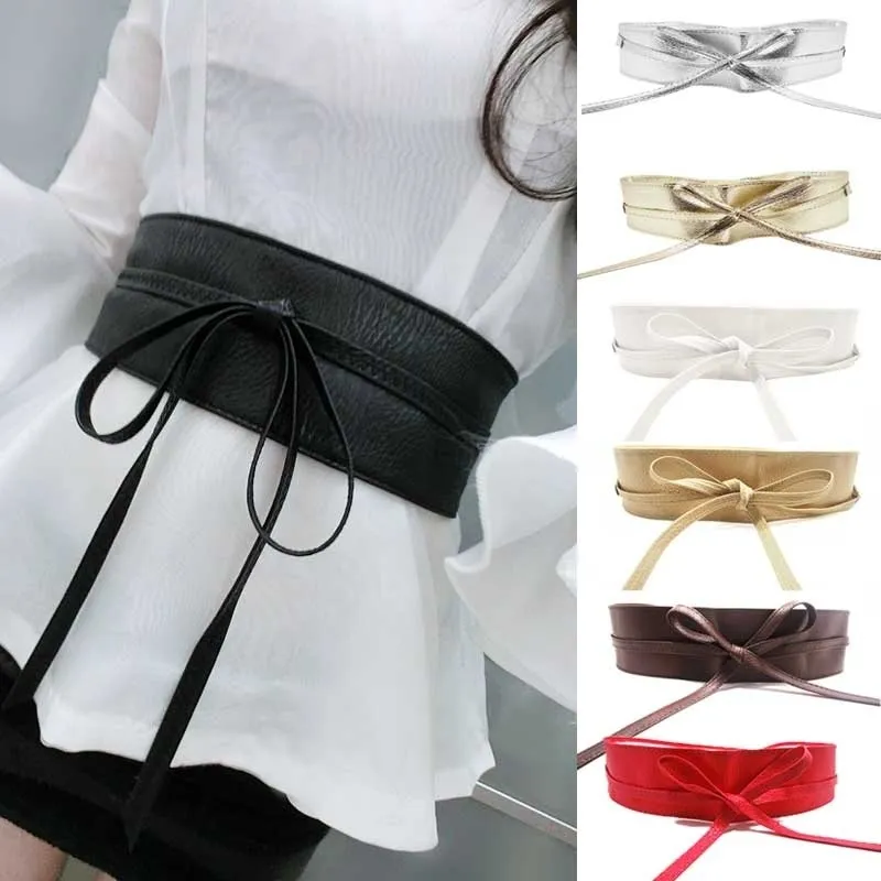 Fashion Spring Autumn Women Lady Metallic Color Soft Faux Leather Wide Belt Self Tie Wrap Waist Mujer Dress3098809