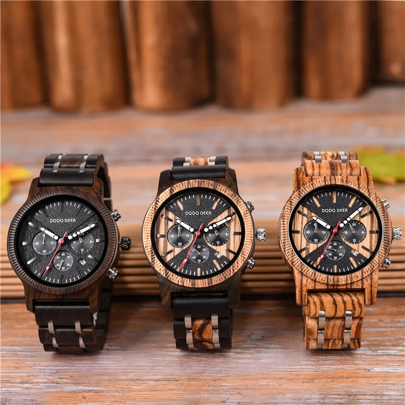 DODO DEER Reloj para hombre Relojes de madera Reloj para hombre Cronómetro de lujo de negocios Color opcional con banda de acero inoxidable de madera C08 OEM247B