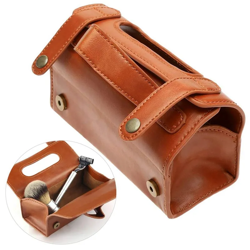 Cosmetic Bags & Cases Brown PU Leather Men's Pouch Fashion Waterproof Shaving Brush Razor Travel Toiletry Bag292x