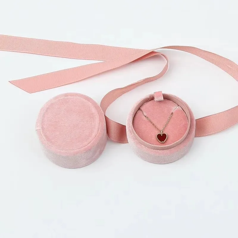 Whole jewelry packaging box in pink velvet round bowknot for ring pendant and necklace CX200716215w