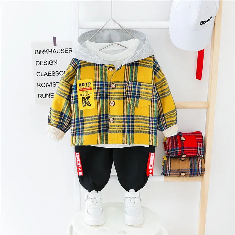 Hylkidhuose 2020 Bahar Bebek Erkekler Giyim Setleri Kapşonlu Ekose Tops Pants Toddler Bebek Çocuk Çocukları Kostüm Y200801130826