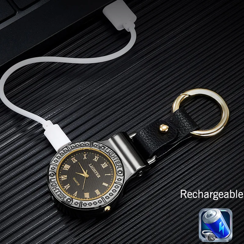 Horloge Sigarettenaansteker Winddicht Sleutelhanger USB Opladen Lichter Multifunctionele Verwarmingsdraad Aansteker Met Zaklamp6442143