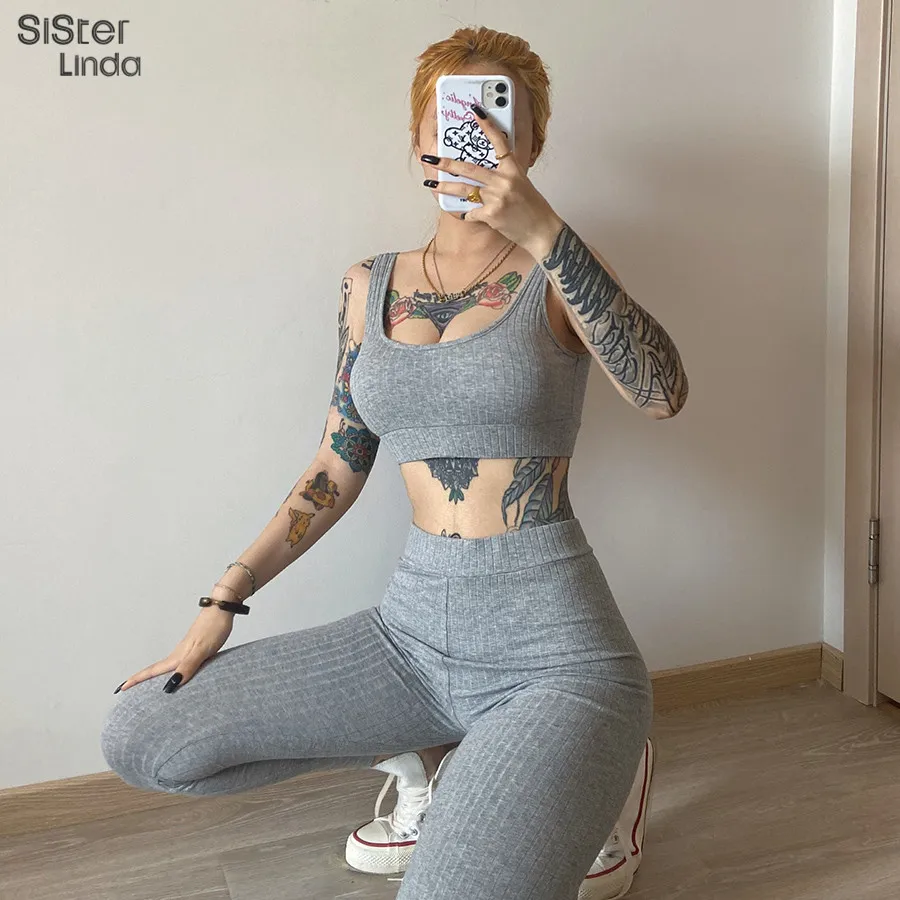 Sisterlinda 2020AUUTUMUNNEUNUDUM Fitness Dres Set Kobiety Slim Crop Tops Stretch Wyściełane Sportowe Legginsy Aktywne Outfits Outfits Sportwear Y0506