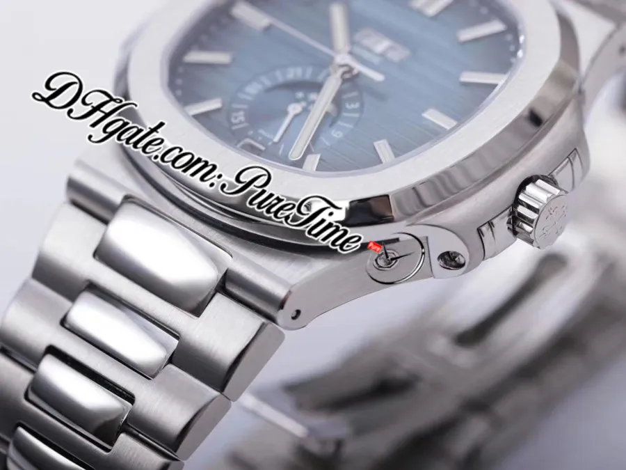 V9F 5726 Годовой календарь A324 Автоматические мужские часы D-синий текстурированный циферблат Браслет из нержавеющей стали с фазами Луны Super Edition Puretime3480
