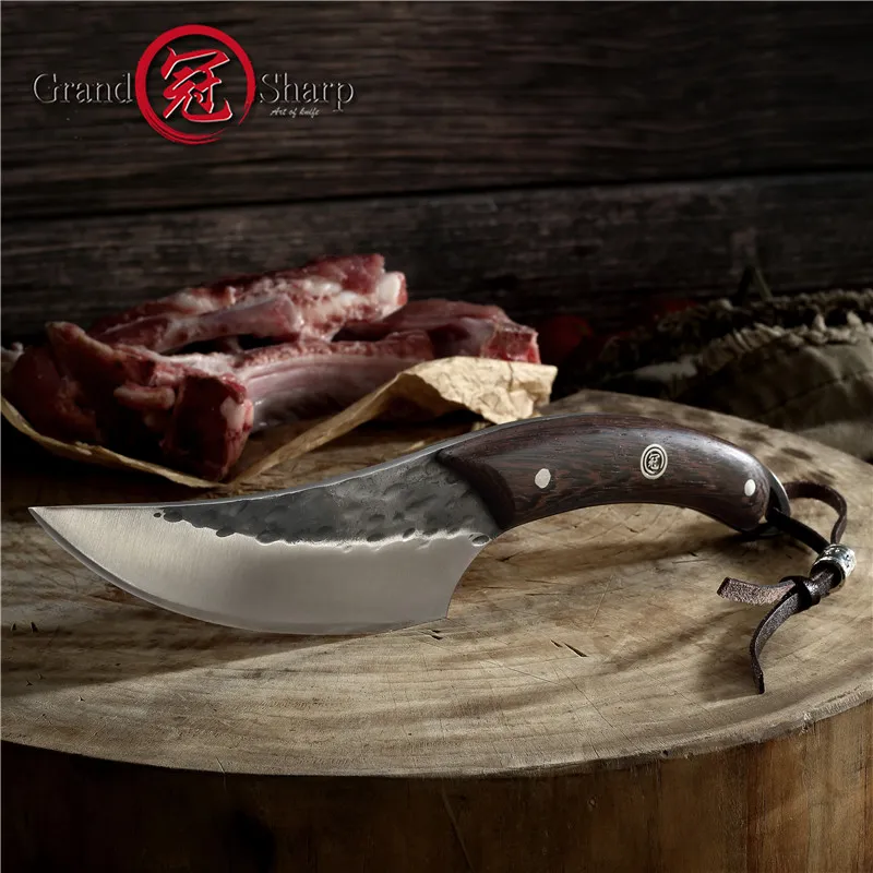 Grandsharp Bening Knife Handmade Forged Chef Kitchen Knife BBQ Outdoor Camping Survival Tool Forged Hunting Knife Leather Sheath3234763