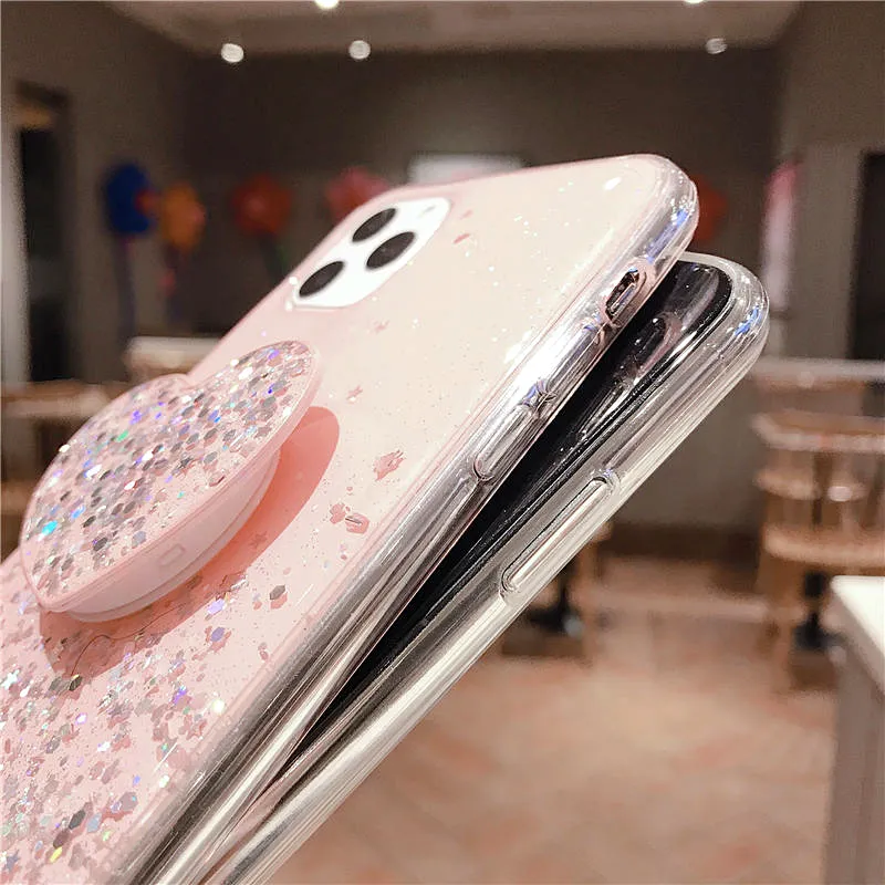 Luxury Bling Glitter Love Heart Case For iPhone 12 11 ProMax 12mini 11 With Bracket Soft Silicone Case For 12 XS MAX XR 8 7Plus