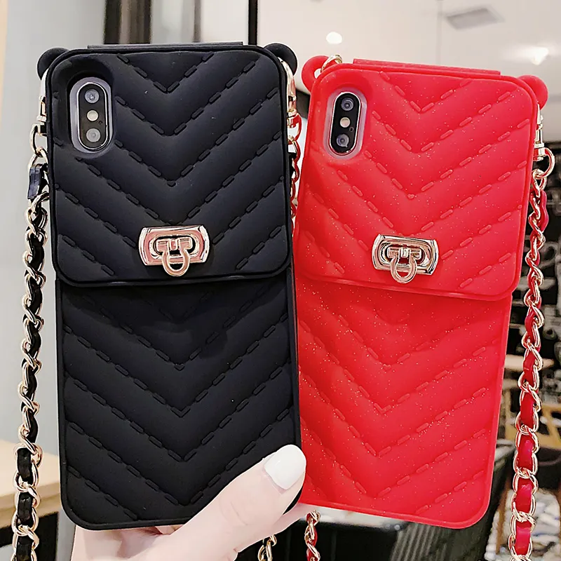 Fashion Wallet Case Voor Iphone 12 11 Pro Max Case Crossbody Voor 12 7 8 6 Plus Xs Max xr Handtas Portemonnee Lange Keten Siliconen Card Pocket Cover