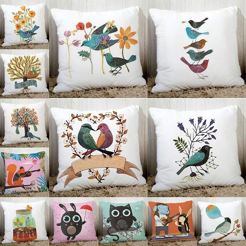Uccelli adorabili disegni creativi fodera cuscino del divano federa biancheria da letto in poliestere fine 45x45 cm cuscino del sedile stampato animali dei cartoni animati2913