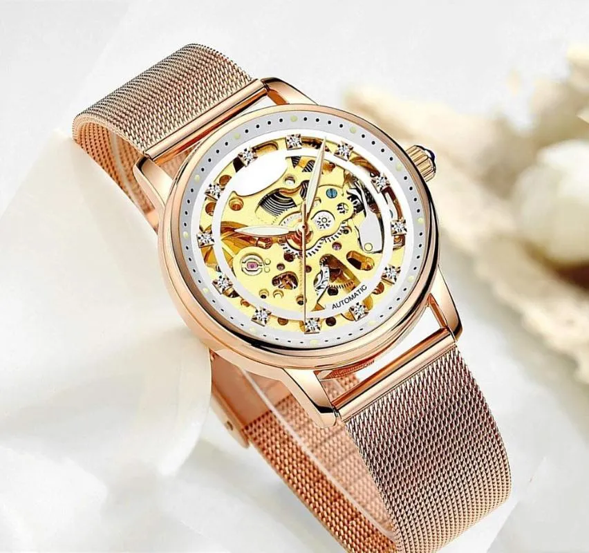 ساعة Wristwatches Luxury Women's Watch Crystal Skeleton Wito Auto Mechanical Wristwatch with Gift Box1193U