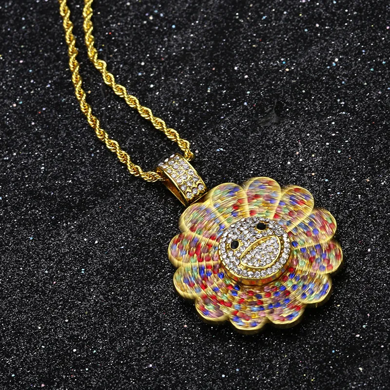 Moda diamante girassol giratório pingente colar design de cristal completo corrente de ouro de 18 quilates 75 cm de comprimento punk rock micro hip hop jew217n