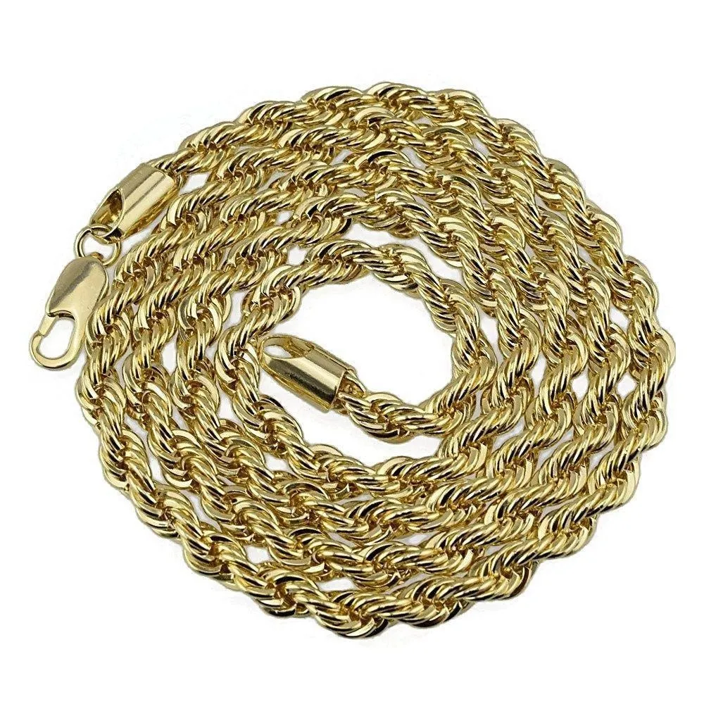 Collana a catena in corda solida lunga 8 mm di spessore 76 cm con catena in argento placcato oro 24 carati uomo249F
