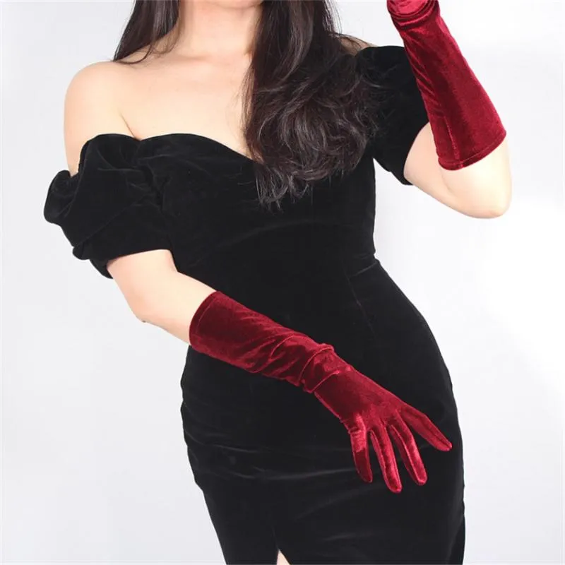 Gants en velours longs rouges de noël pour femmes, gants dorés à haute élasticité pour écran tactile, 40cm SRHS40221Q