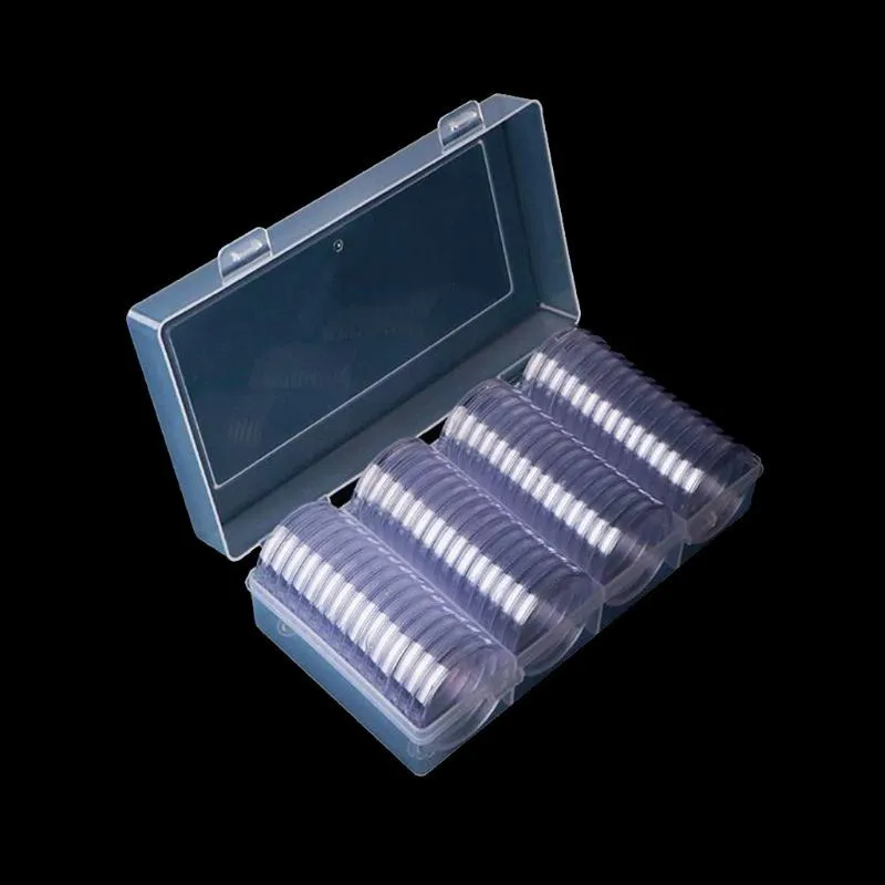 60 st Clear Round 41mm Direct Fit Coin Capsules Holder Display Collection Case med förvaringslåda för 1 oz American Silver Eagles LJ200812
