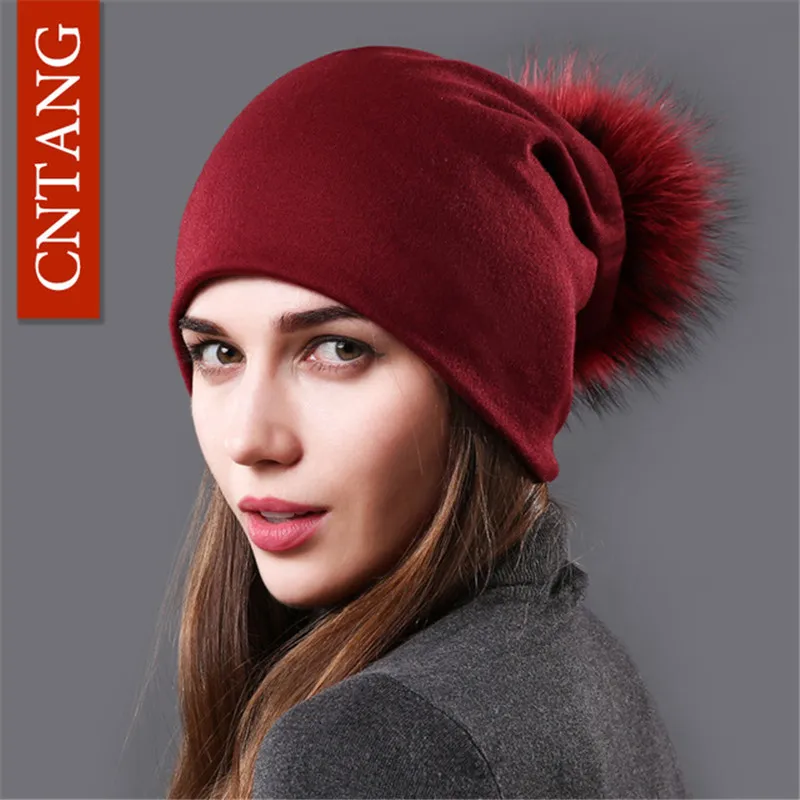 Nieuwe vrouwen Beanie Hoed Herfst Wasbeer Bont Pompom Slouchy Katoen Mutsen voor Femme Winter SkulliesBeanies met Echte Pompom Ba265v