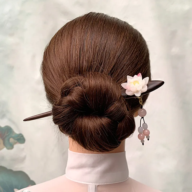 Barrettes rétro ethnique chinoise fleur de Lotus, bâton à cheveux en bois d'ébène, épingles à cheveux avec pompon, accessoires de mariage antiques 279k