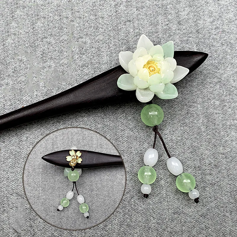 Barrette retrò Fiore di loto etnico cinese Bastone capelli in legno di ebano Costume Forcine nappe Accessori da sposa antichi279k